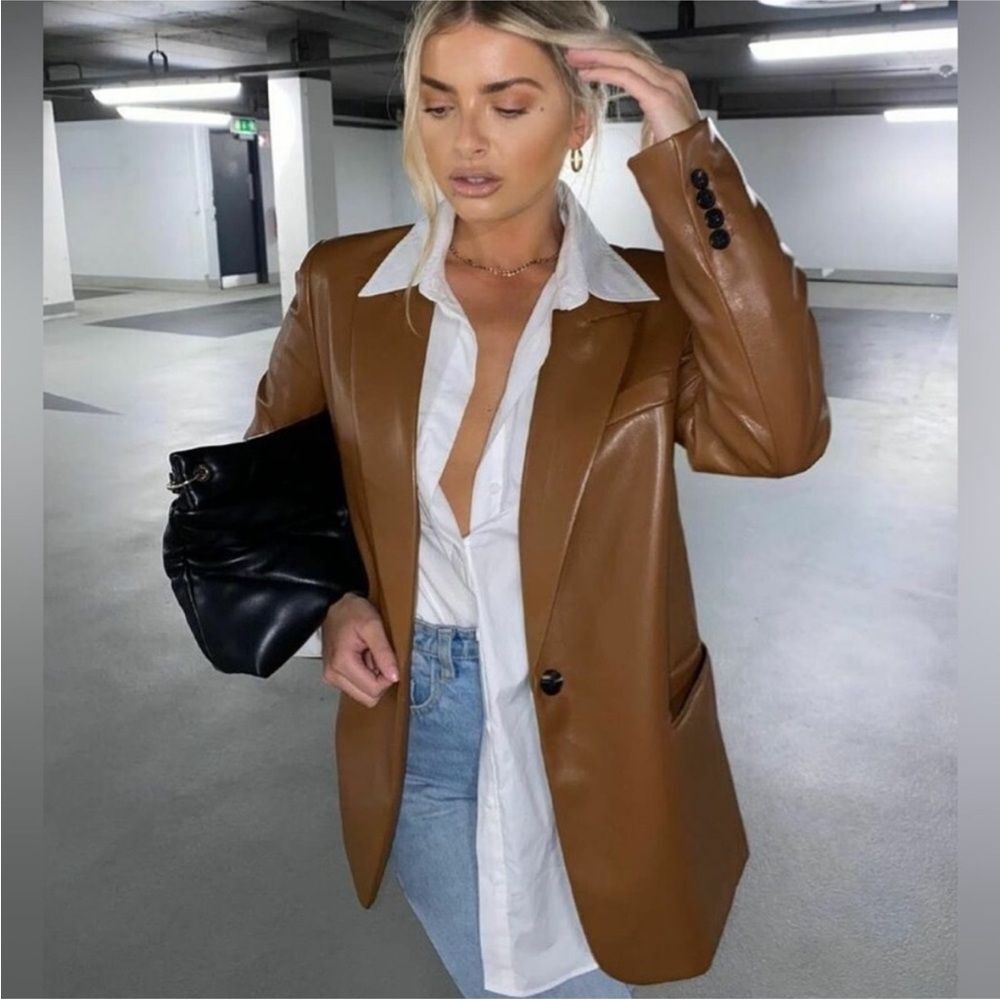 Zara Chestnut Brown Faux Leather Blazer